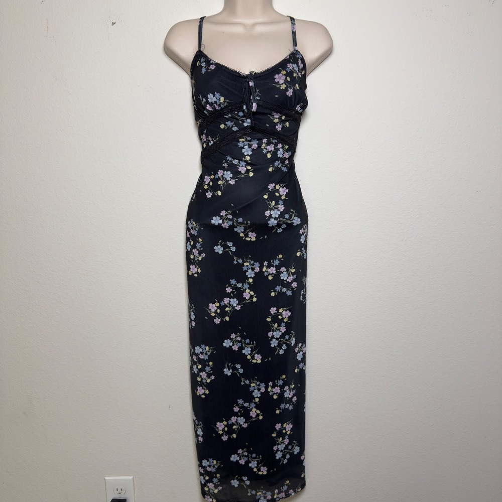 Pink Republic Women Dress XL Black Floral Mesh Overlay Lace Trim Cami Maxi